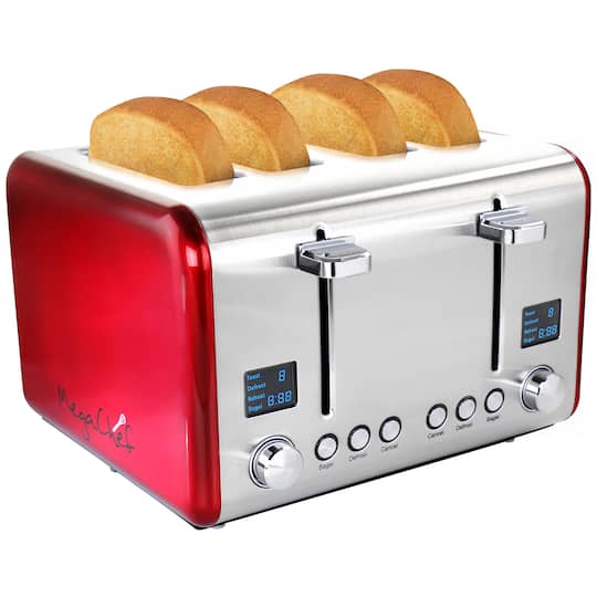 MegaChef 4-Slice Stainless Steel Extra Wide Slot Toaster, One Size, Red